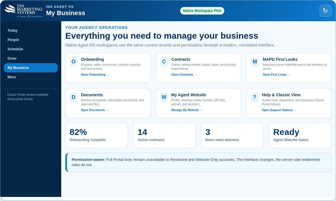Agent OS My Business workspace with onboarding, contracts, documents, and website management