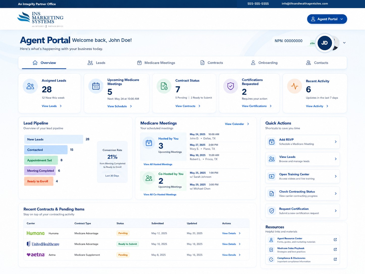 Portal App dashboard for John Doe with leads, meetings, contracts, and alerts